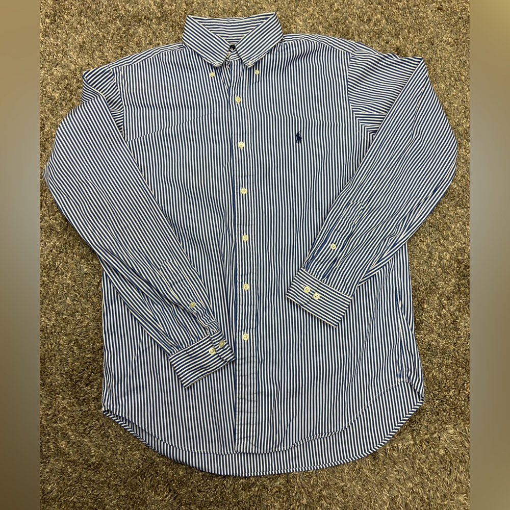 vintage ralph lauren shirt mens 15.5 medium‎ blue white stripes button down 90s